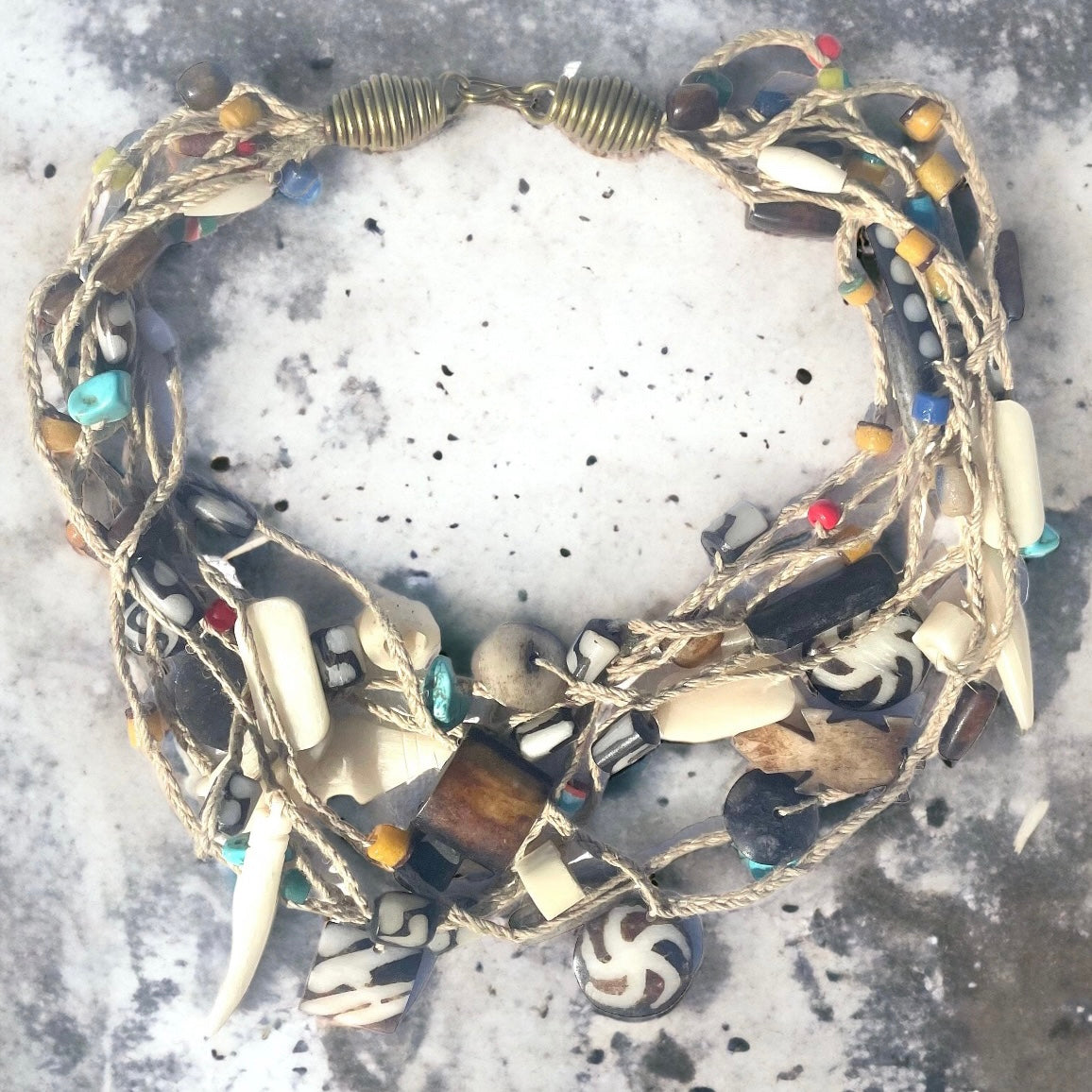 Wood, Bone & Beaded Multi Strand Necklace